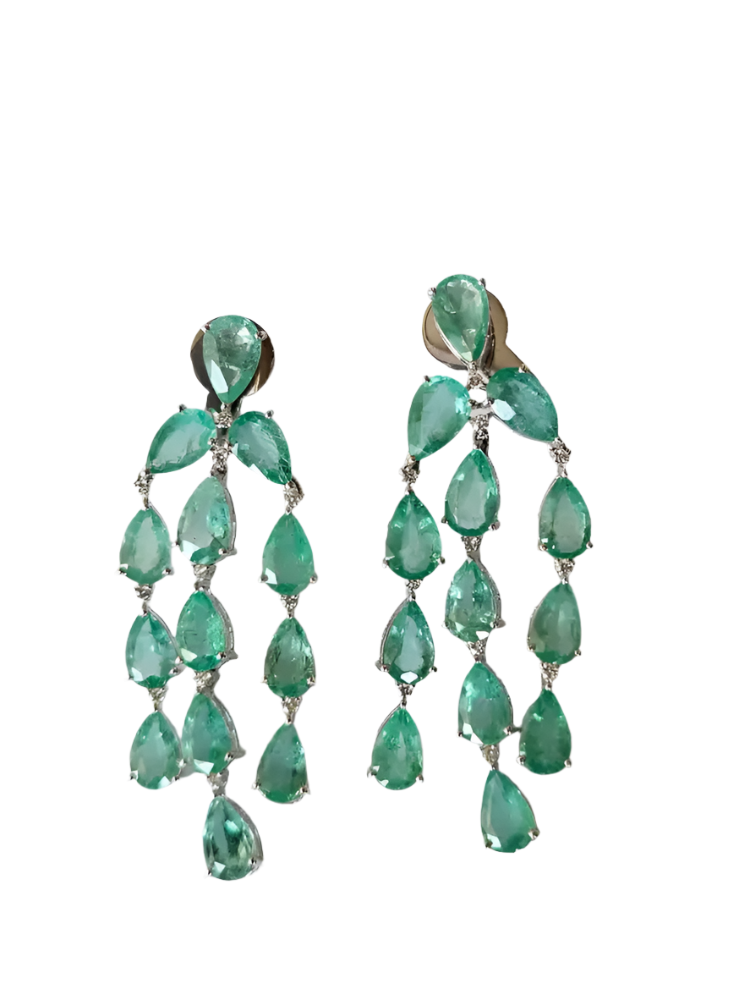 Natural Colombian Emerald Dangle Earrings - 18k White Gold Diamond Chandelier Earrings for Women