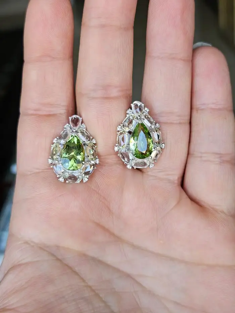 Natural Pear Shape Tourmaline & White Sapphire Stud Earrings - 18k White Gold Diamond Earrings