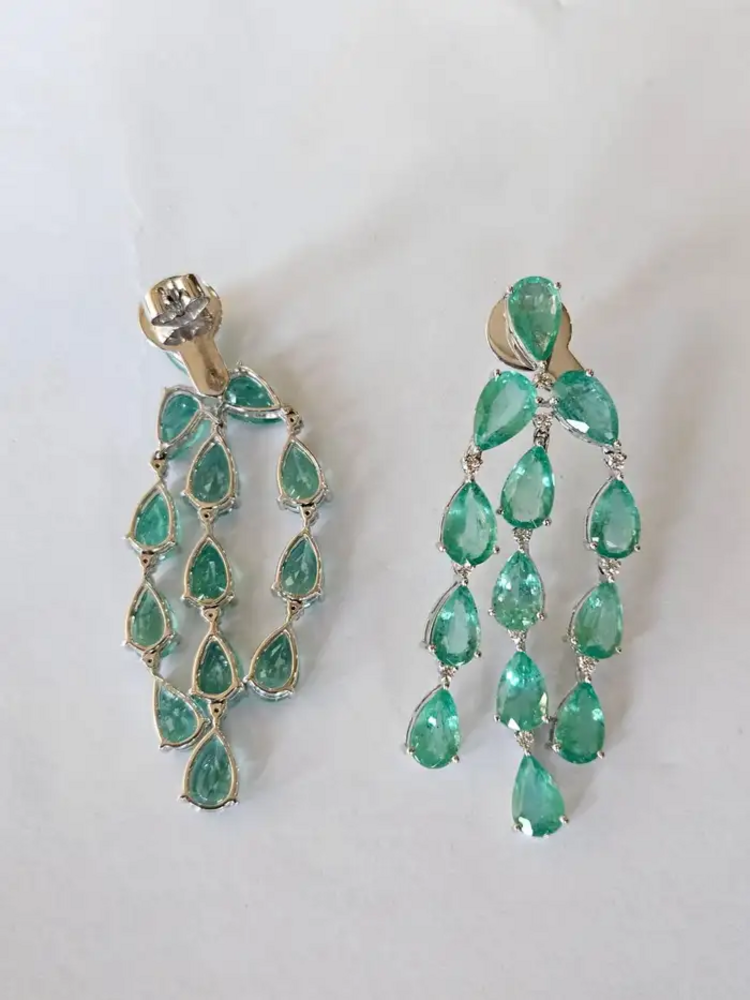 Natural Colombian Emerald Dangle Earrings - 18k White Gold Diamond Chandelier Earrings for Women