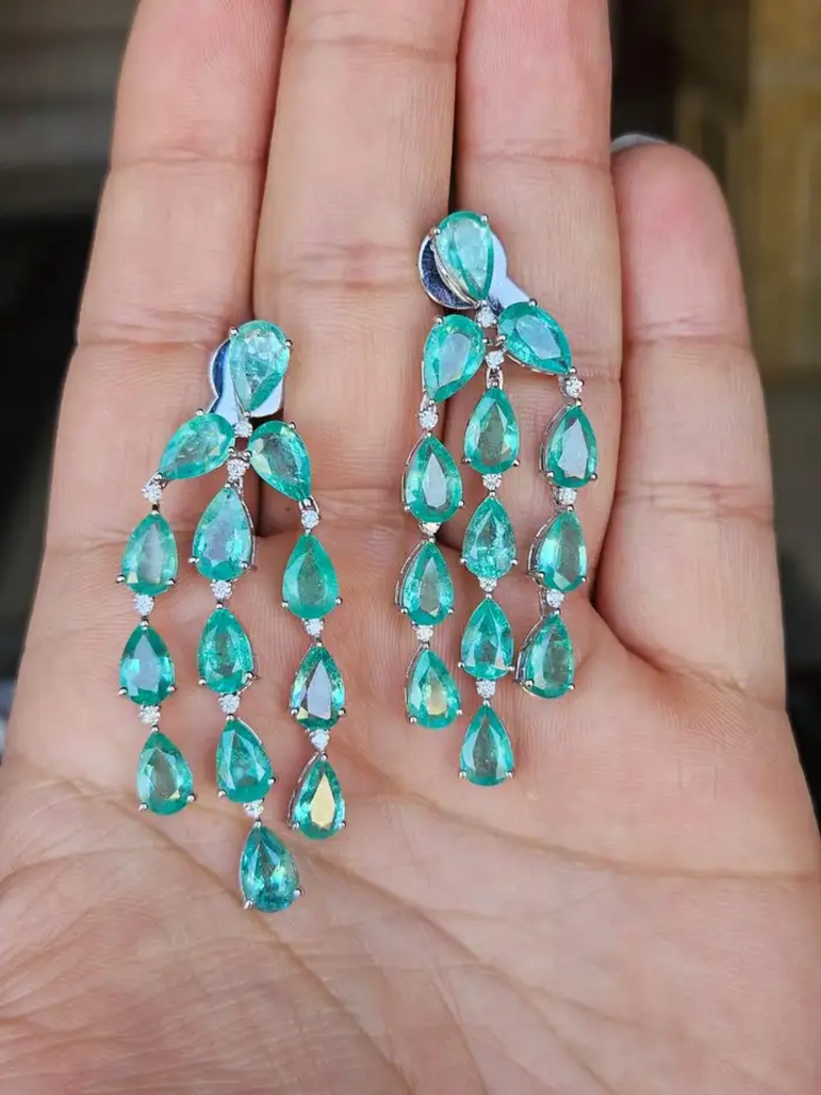 Natural Colombian Emerald Dangle Earrings - 18k White Gold Diamond Chandelier Earrings for Women
