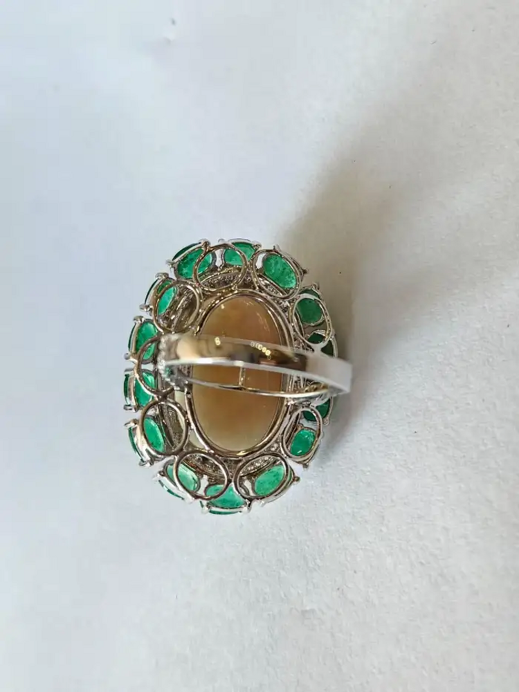 Natural Ethiopian Opal & Zambian Emerald Cocktail Ring - 18k White Gold Diamond Wedding Ring