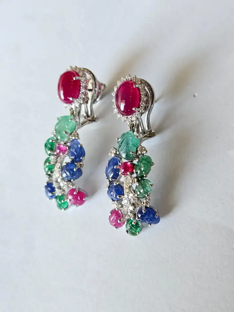18k White Gold Diamond Dangle Earrings - Natural Ruby, Carved Emerald & Blue Sapphire Earrings