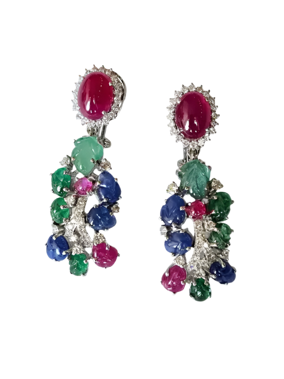 18k White Gold Diamond Dangle Earrings - Natural Ruby, Carved Emerald & Blue Sapphire Earrings