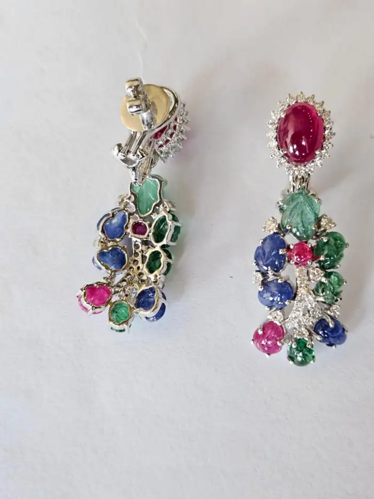 18k White Gold Diamond Dangle Earrings - Natural Ruby, Carved Emerald & Blue Sapphire Earrings