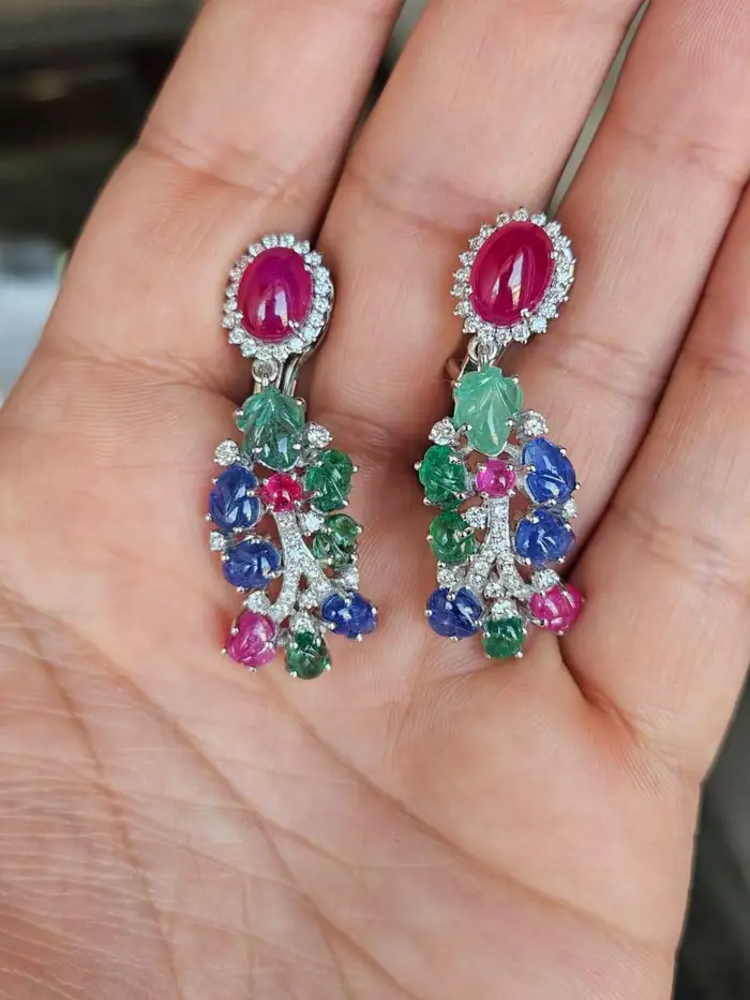 18k White Gold Diamond Dangle Earrings - Natural Ruby, Carved Emerald & Blue Sapphire Earrings