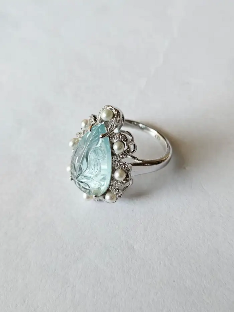6.28 Ct. Carved Aquamarine & Fresh Water Pearl Engagement Ring - 18k White Gold Diamond Handmade Ring