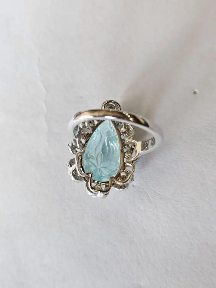 6.28 Ct. Carved Aquamarine & Fresh Water Pearl Engagement Ring - 18k White Gold Diamond Handmade Ring
