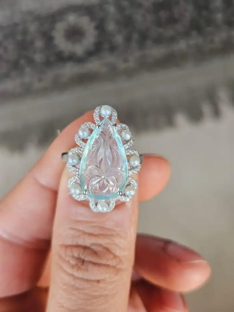 6.28 Ct. Carved Aquamarine & Fresh Water Pearl Engagement Ring - 18k White Gold Diamond Handmade Ring