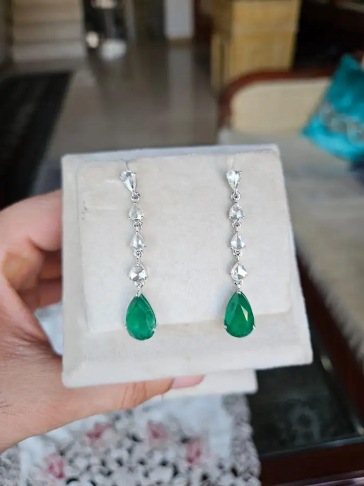 18k White Gold Diamond Dangle Earrings - Natural Pear Shape Zambian Emerald Earrings - Rose Cut Diamonds Earrings