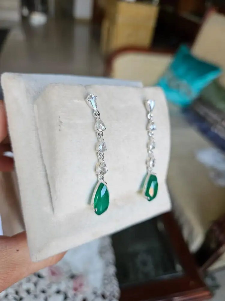 18k White Gold Diamond Dangle Earrings - Natural Pear Shape Zambian Emerald Earrings - Rose Cut Diamonds Earrings