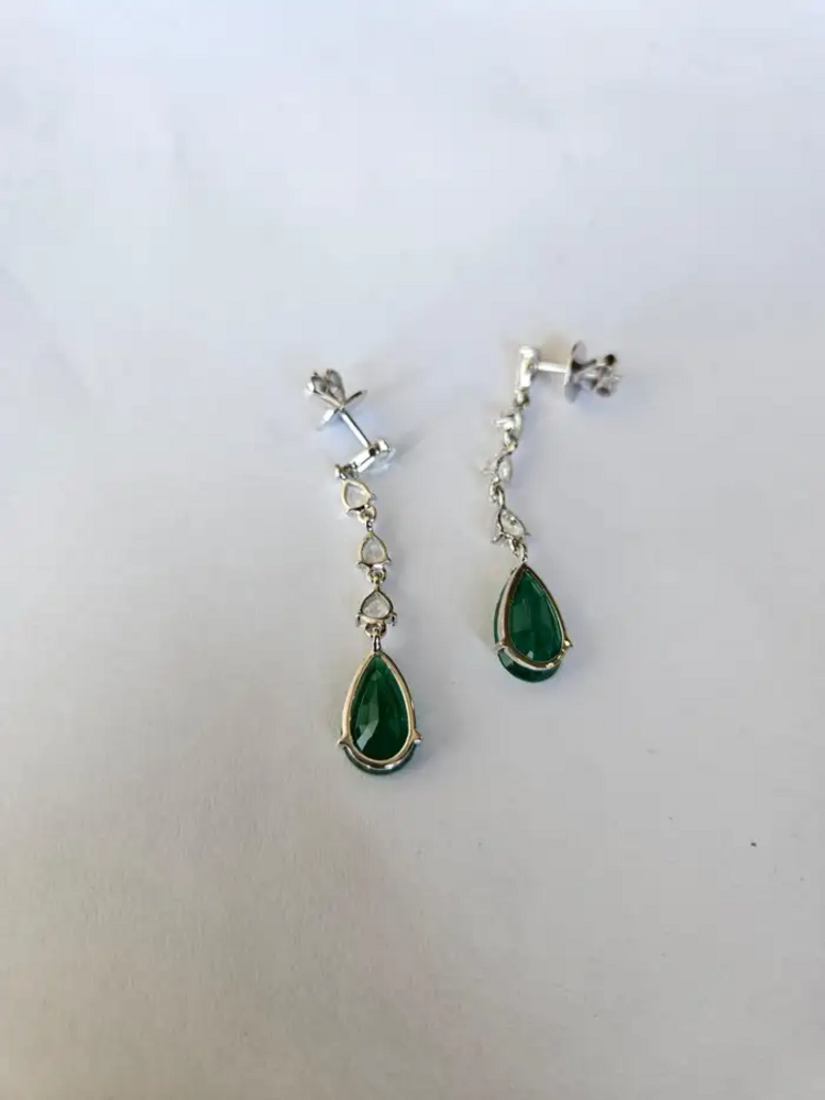 18k White Gold Diamond Dangle Earrings - Natural Pear Shape Zambian Emerald Earrings - Rose Cut Diamonds Earrings