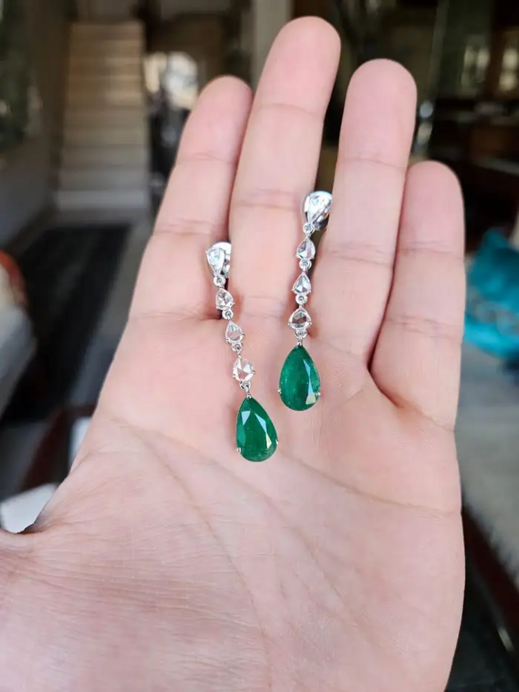 18k White Gold Diamond Dangle Earrings - Natural Pear Shape Zambian Emerald Earrings - Rose Cut Diamonds Earrings