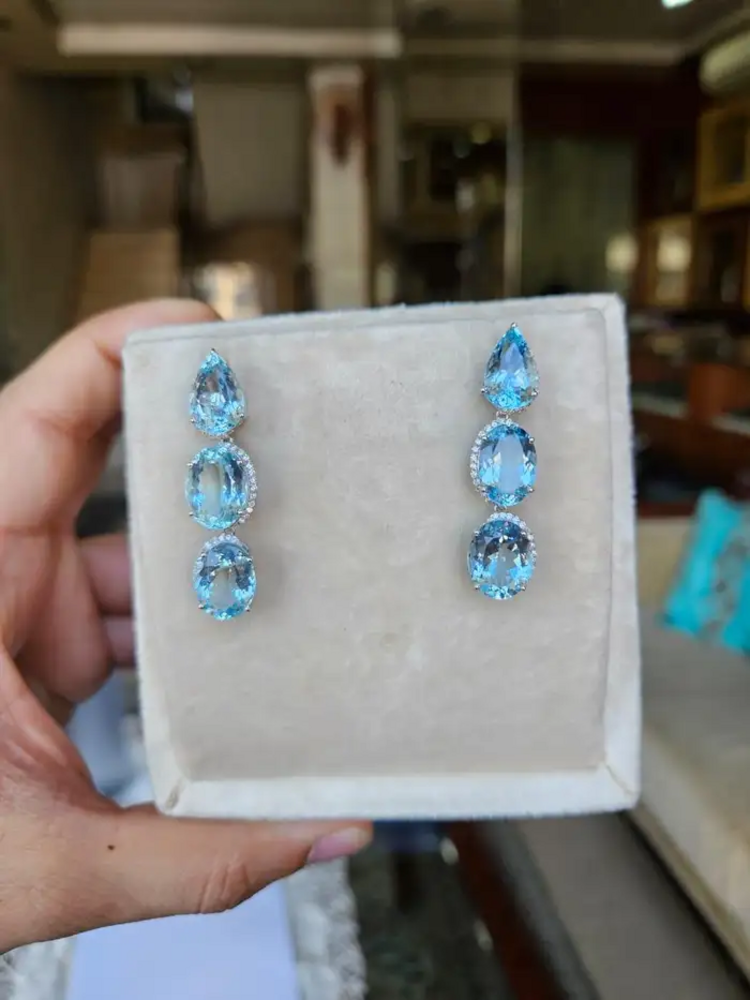 Natural Aquamarine Gemstone Dangle Earrings - 18k White Gold Diamond Drop Dangle Earrings