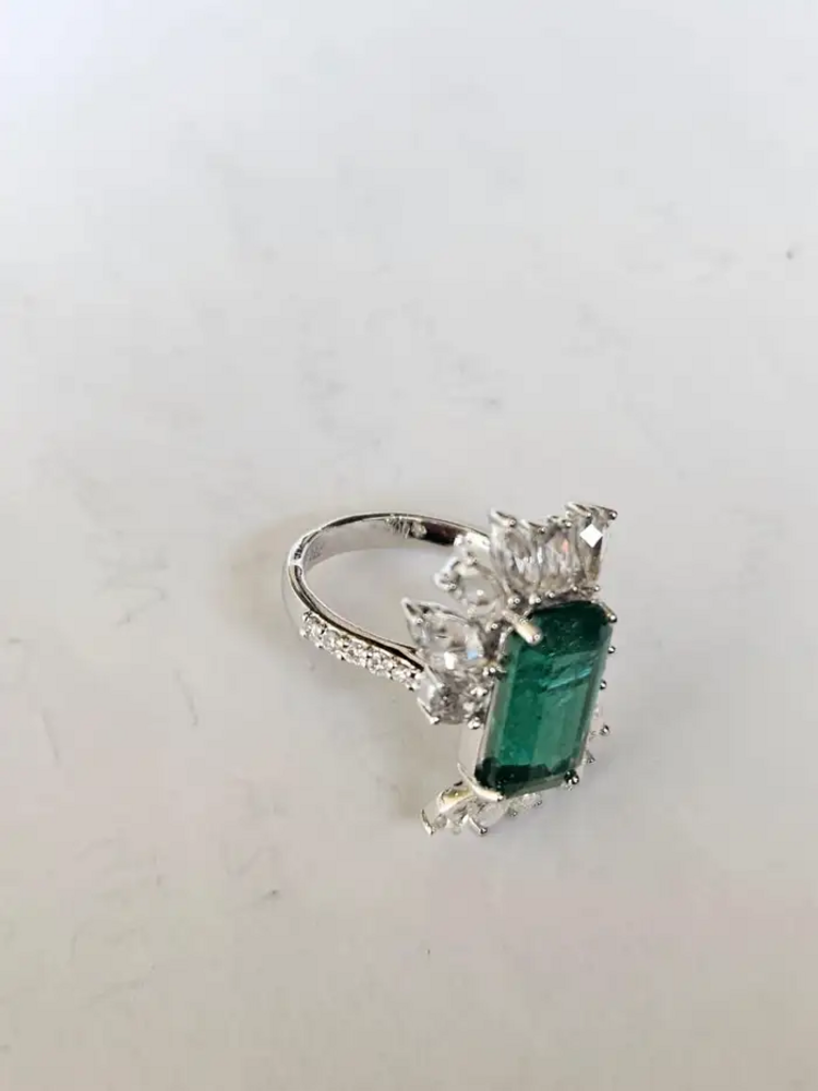18k White Gold 4.07 Ct. Zambian Emerald Ring - Natural Rose Cut Diamond Engagement Ring