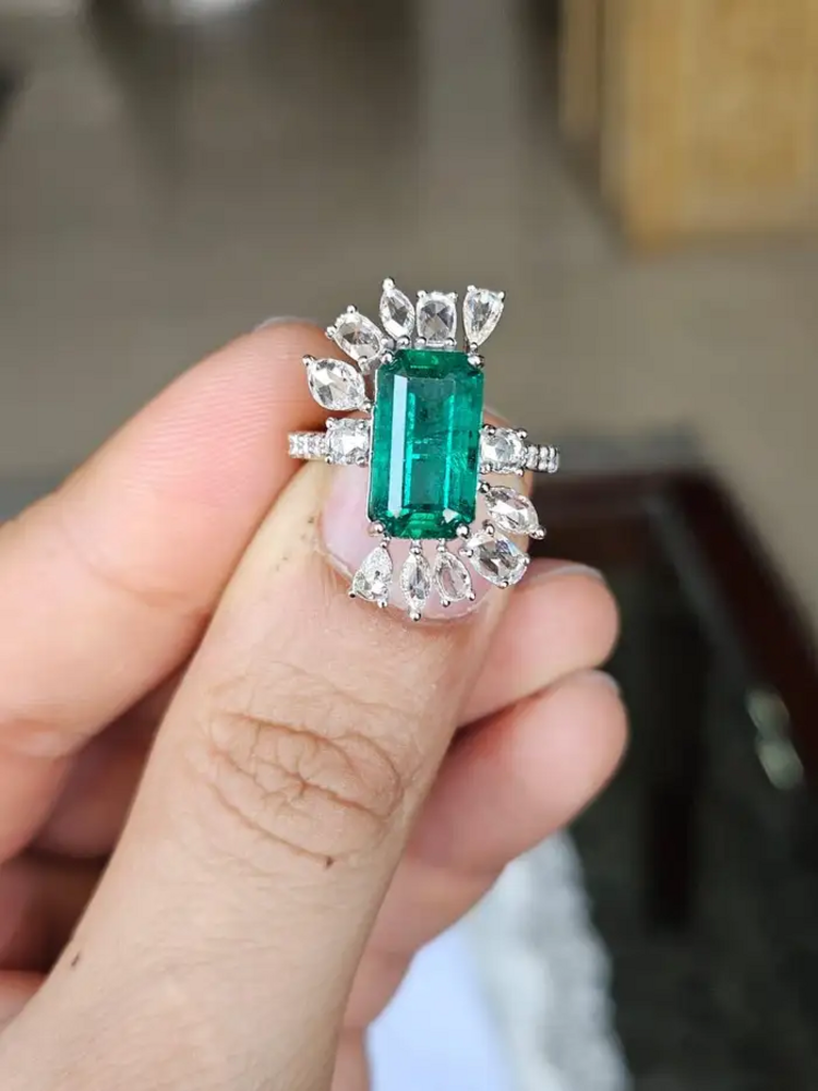 18k White Gold 4.07 Ct. Zambian Emerald Ring - Natural Rose Cut Diamond Engagement Ring