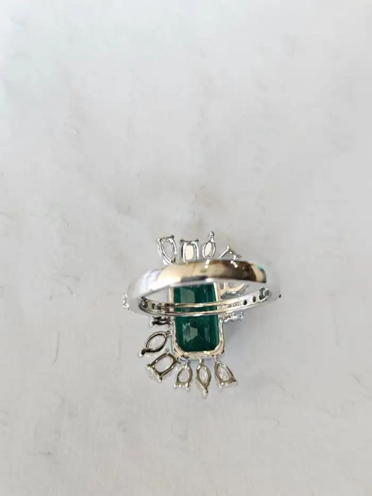18k White Gold 4.07 Ct. Zambian Emerald Ring - Natural Rose Cut Diamond Engagement Ring