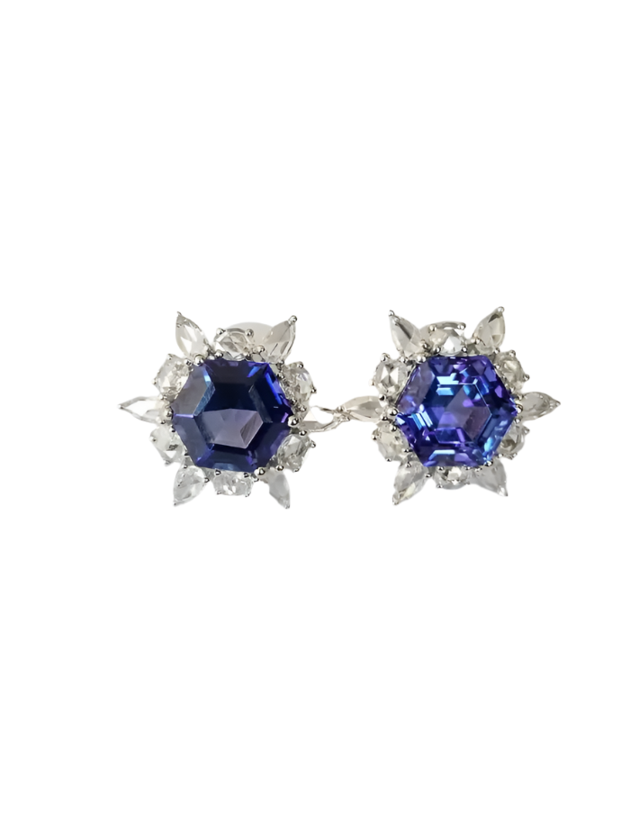 9.83 Ct. Natural Tanzanite Gemstone Minimalist Stud Earrings - 18k White Gold Rose Cut Diamonds Star Earrings - December Birthstone Earrings