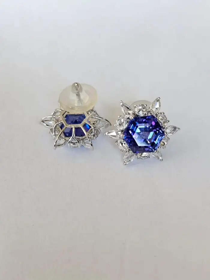 9.83 Ct. Natural Tanzanite Gemstone Minimalist Stud Earrings - 18k White Gold Rose Cut Diamonds Star Earrings - December Birthstone Earrings