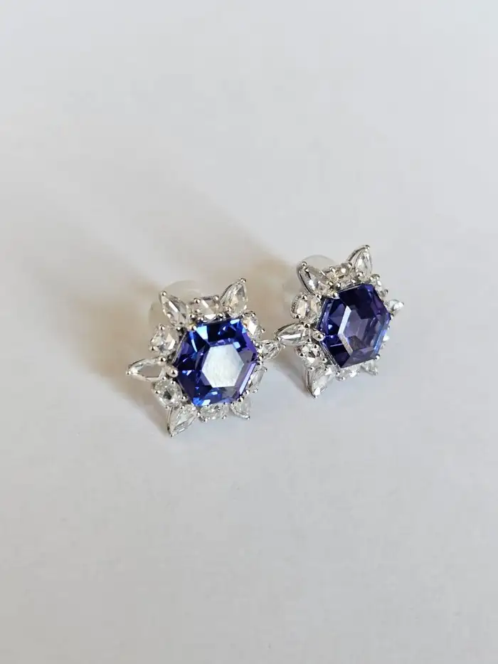 9.83 Ct. Natural Tanzanite Gemstone Minimalist Stud Earrings - 18k White Gold Rose Cut Diamonds Star Earrings - December Birthstone Earrings