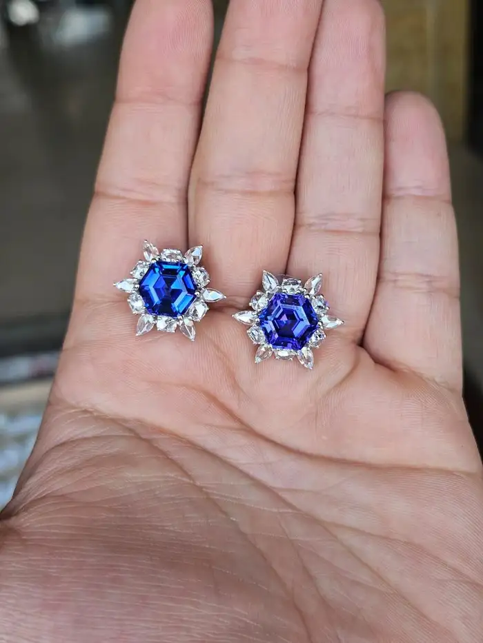 9.83 Ct. Natural Tanzanite Gemstone Minimalist Stud Earrings - 18k White Gold Rose Cut Diamonds Star Earrings - December Birthstone Earrings