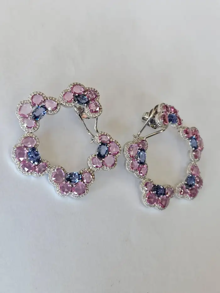 Natural Ceylon Blue & Pink Sapphire Gemstone Hoop Earrings - 18k White Gold Diamond Women Earrings