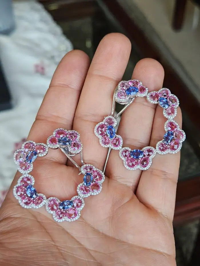 Natural Ceylon Blue & Pink Sapphire Gemstone Hoop Earrings - 18k White Gold Diamond Women Earrings