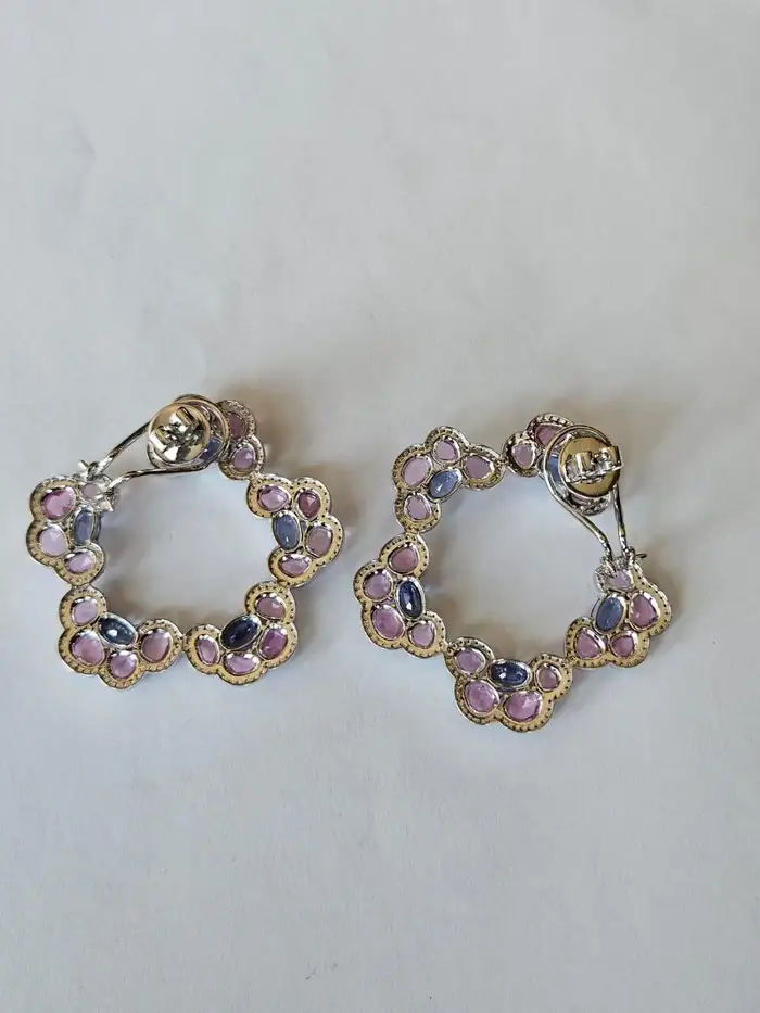 Natural Ceylon Blue & Pink Sapphire Gemstone Hoop Earrings - 18k White Gold Diamond Women Earrings