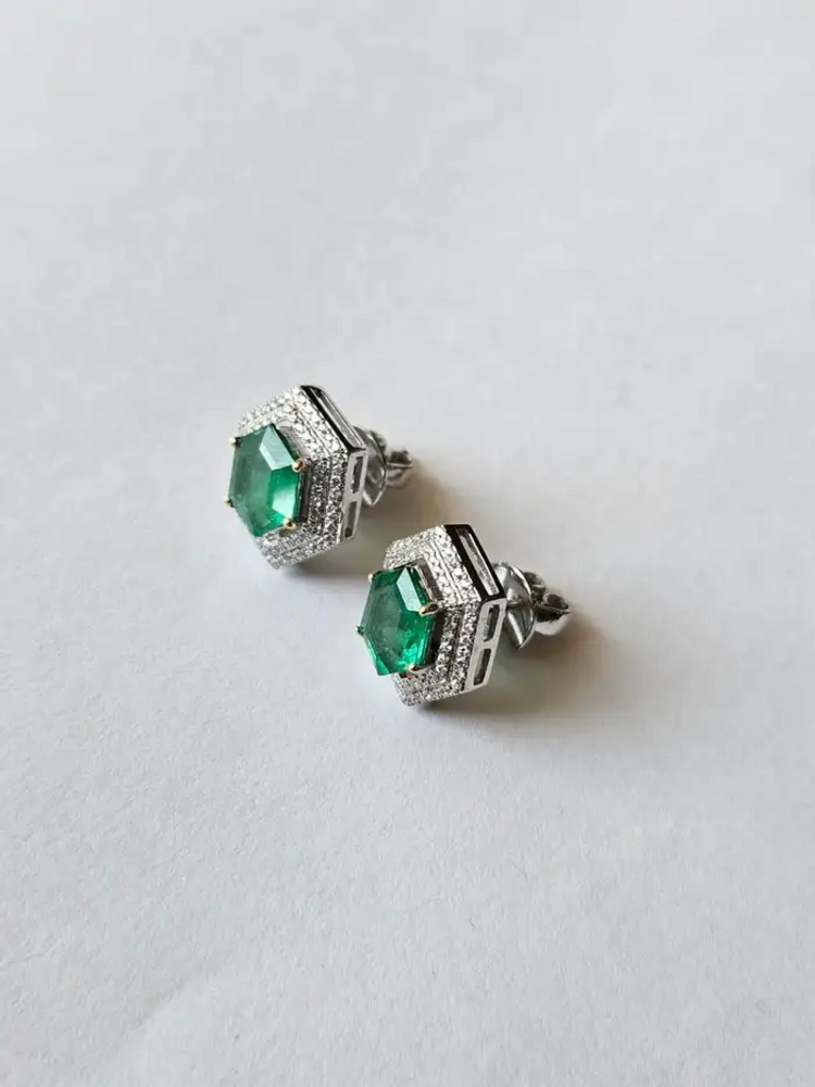 Natural Zambian Emerald Stud Earrings - 18k White Gold Diamond Tiny Stud Earrings