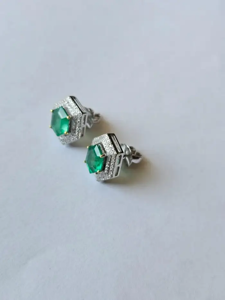 Natural Zambian Emerald Stud Earrings - 18k White Gold Diamond Tiny Stud Earrings