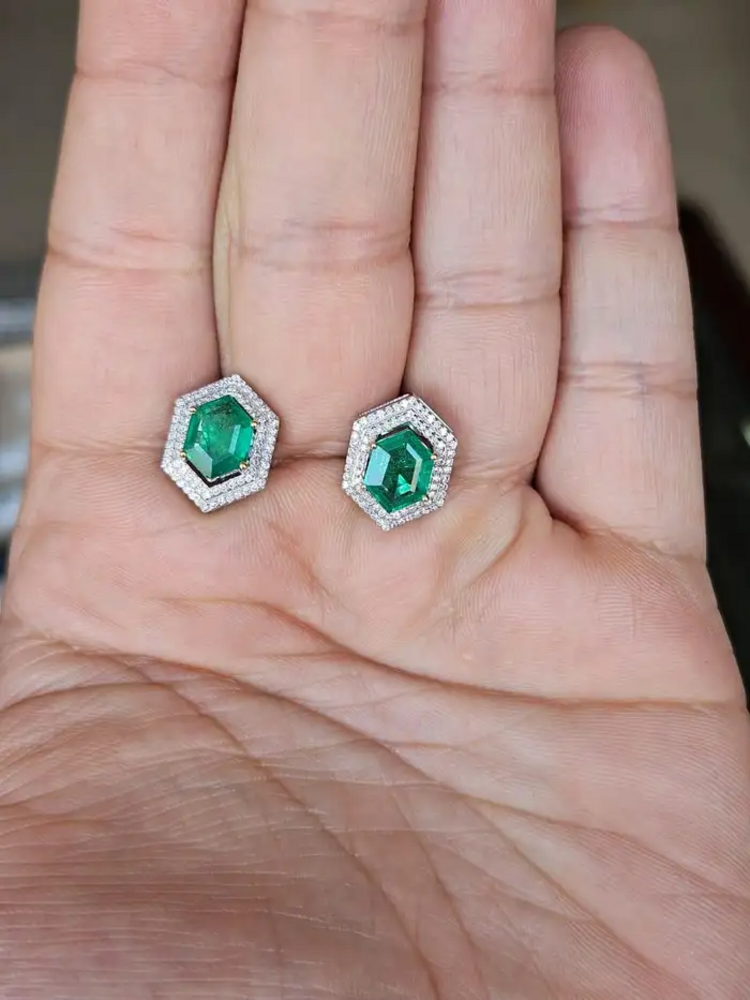 Natural Zambian Emerald Stud Earrings - 18k White Gold Diamond Tiny Stud Earrings