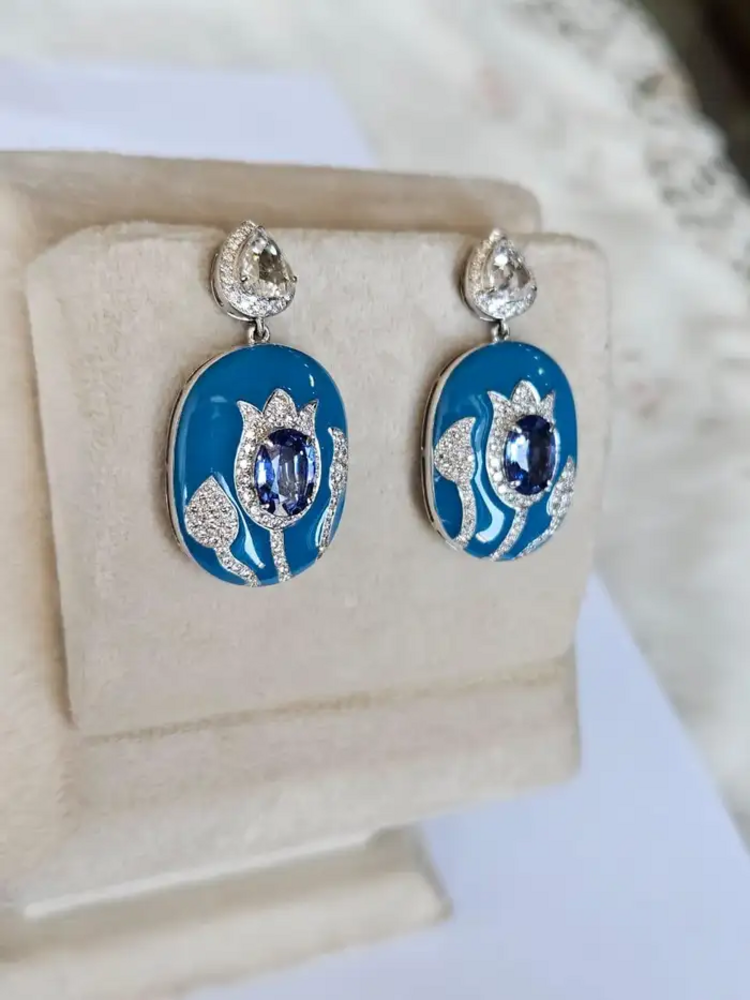 18k White Gold Rose Cut Diamond Handmade Dangle Earrings - Natural Blue Sapphire & Blue Enamel Earrings