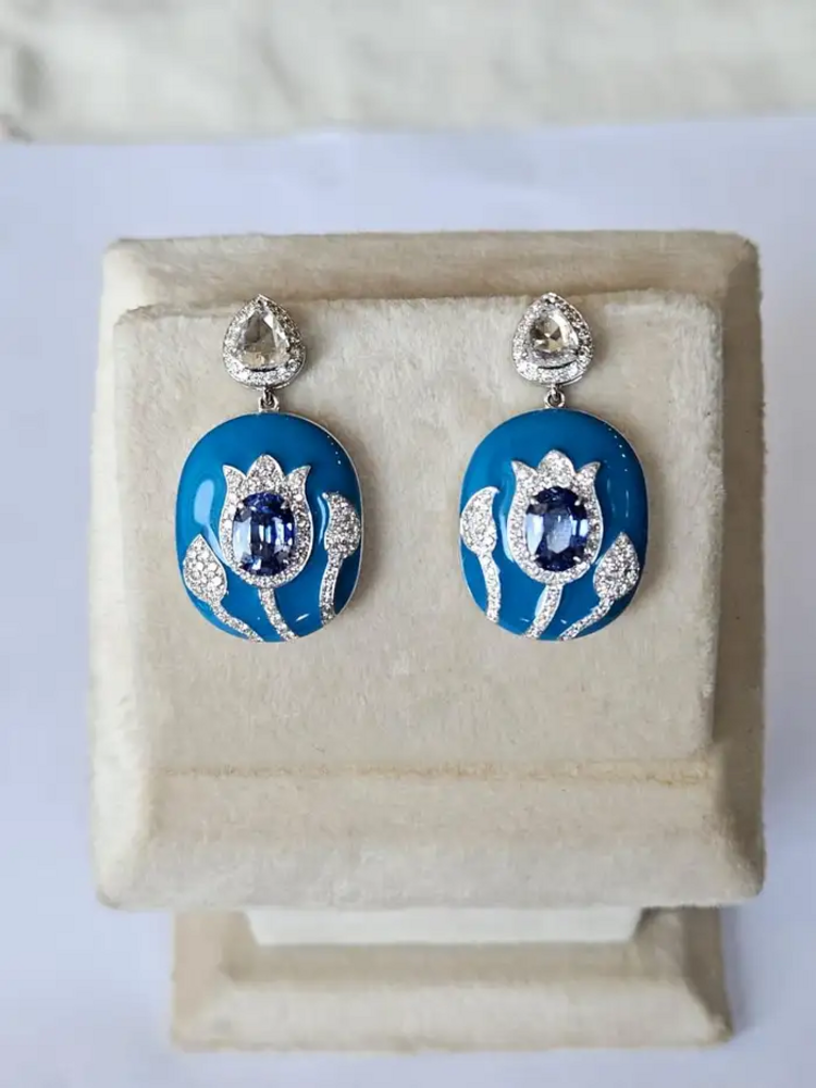 18k White Gold Rose Cut Diamond Handmade Dangle Earrings - Natural Blue Sapphire & Blue Enamel Earrings