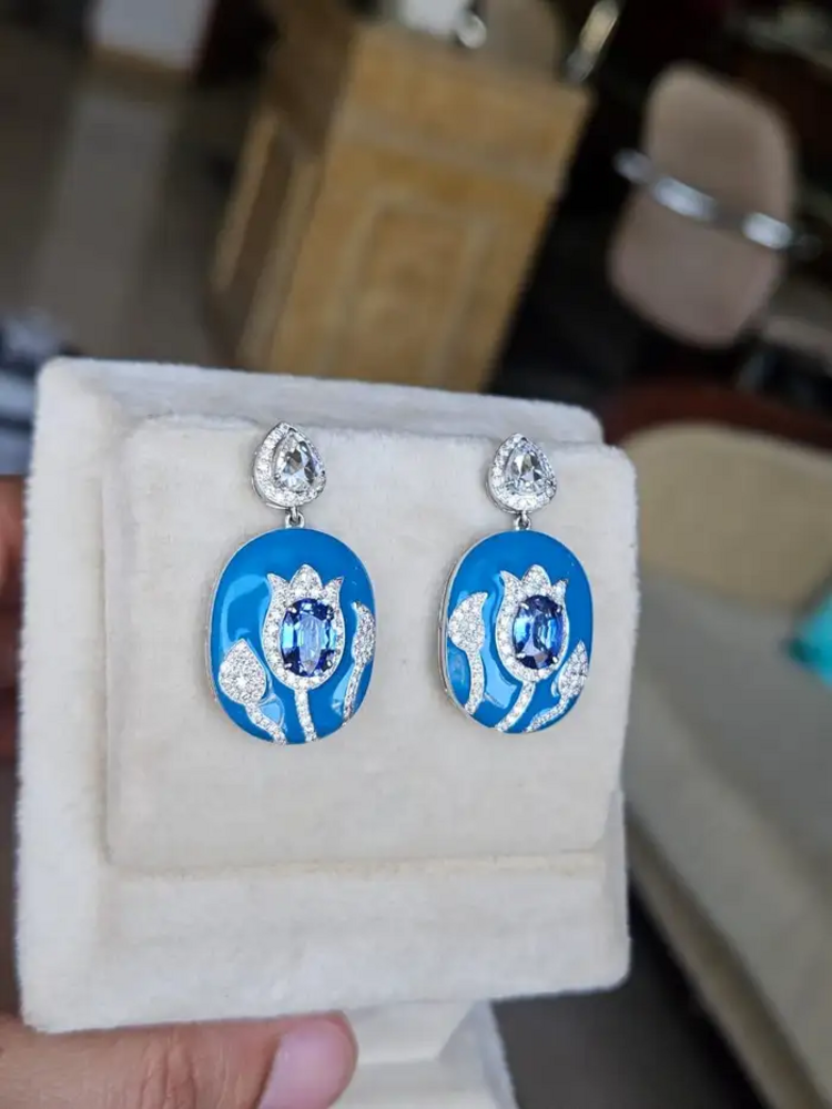 18k White Gold Rose Cut Diamond Handmade Dangle Earrings - Natural Blue Sapphire & Blue Enamel Earrings