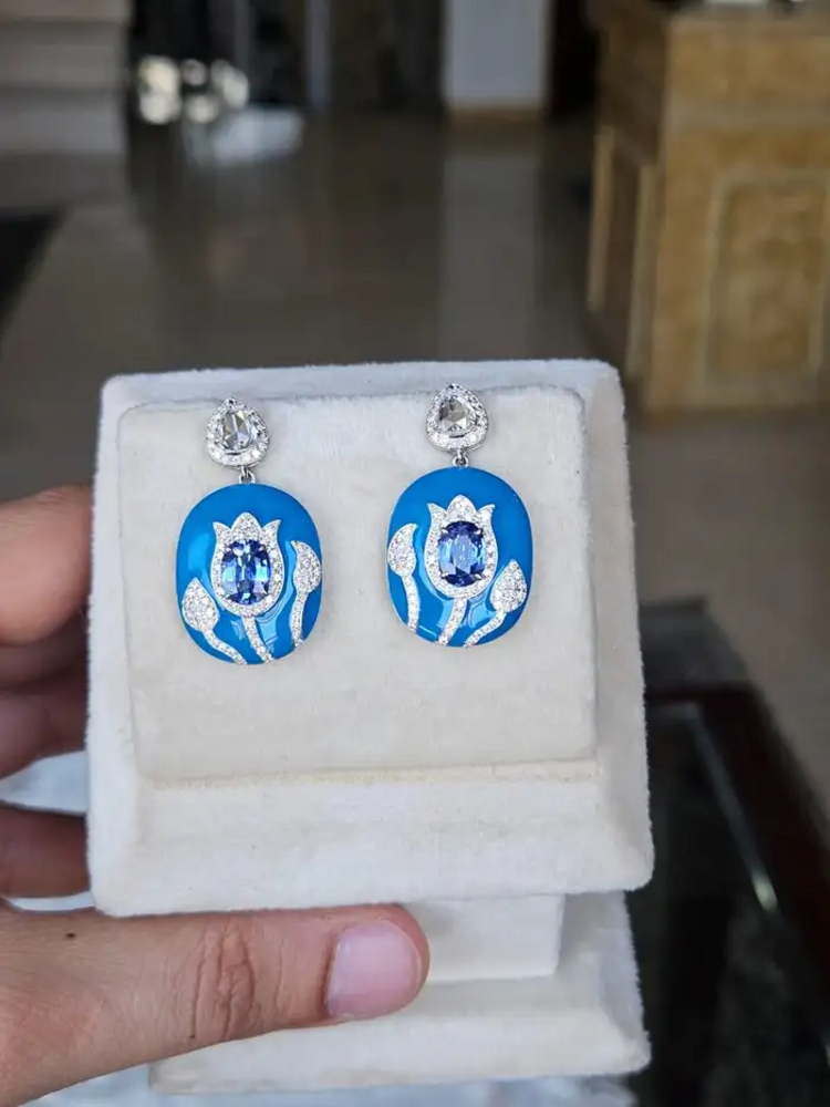 18k White Gold Rose Cut Diamond Handmade Dangle Earrings - Natural Blue Sapphire & Blue Enamel Earrings