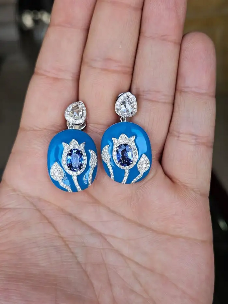 18k White Gold Rose Cut Diamond Handmade Dangle Earrings - Natural Blue Sapphire & Blue Enamel Earrings