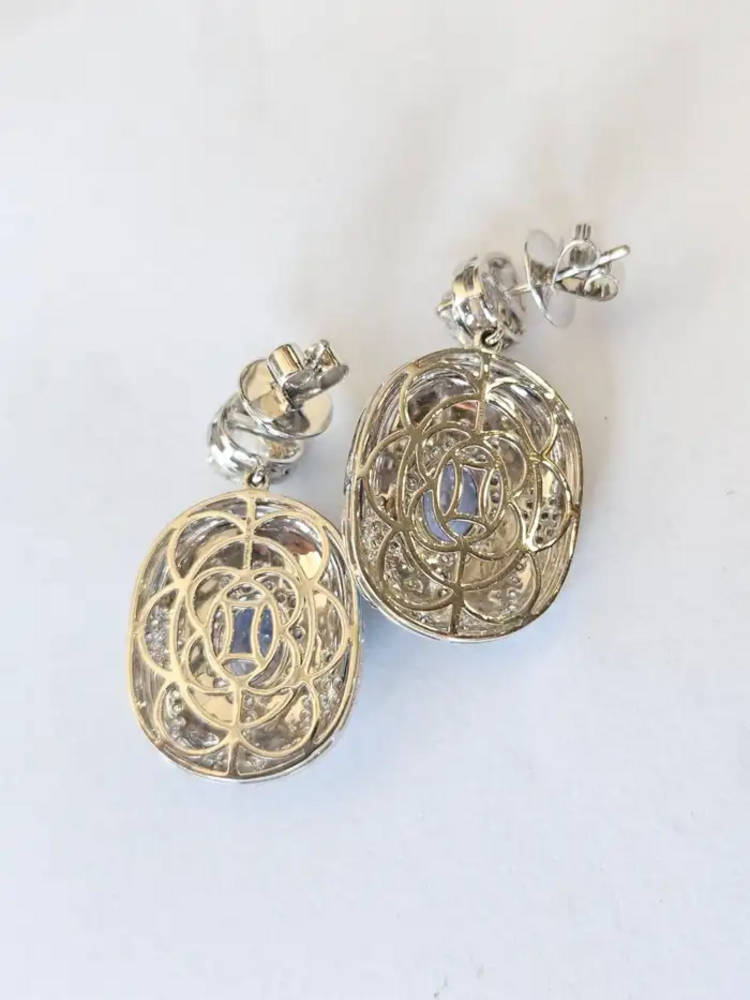 18k White Gold Rose Cut Diamond Handmade Dangle Earrings - Natural Blue Sapphire & Blue Enamel Earrings
