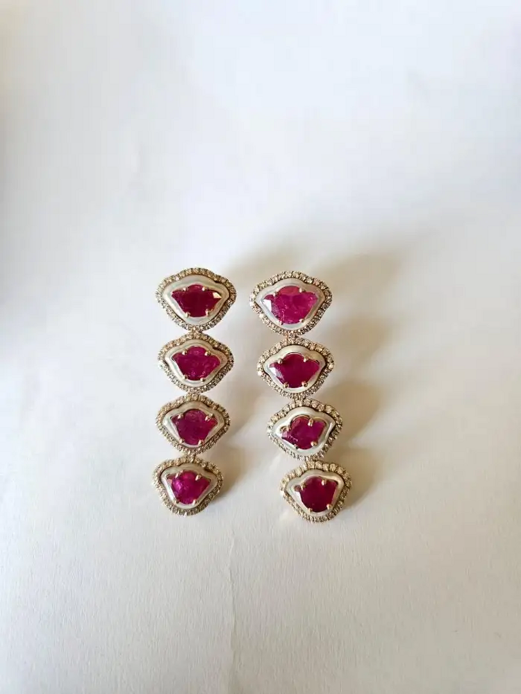 Tulip cut Mozambique Ruby & Mother Of Pearl Necklace Earrings Set - 18k Rose Gold Diamond Necklace Earrings