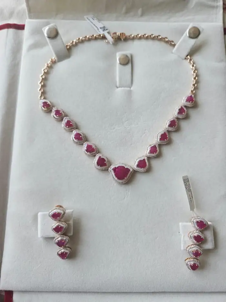 Tulip cut Mozambique Ruby & Mother Of Pearl Necklace Earrings Set - 18k Rose Gold Diamond Necklace Earrings