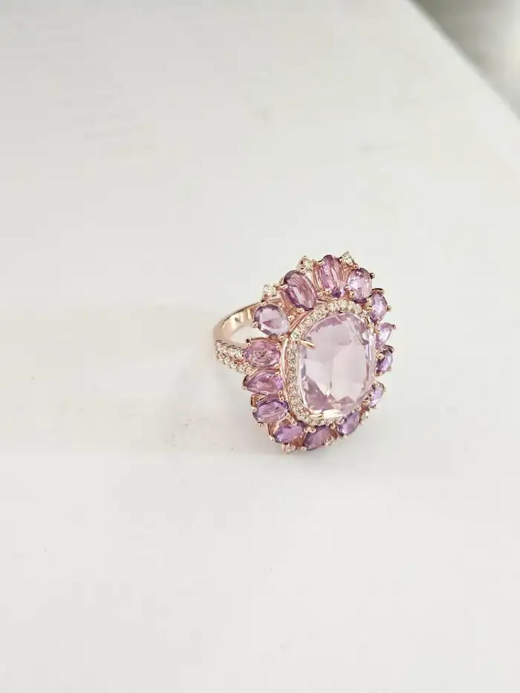 Natural Kunzite & Pink Sapphire Cocktail Wedding Ring - 18k Rose Gold Diamond Statement Ring