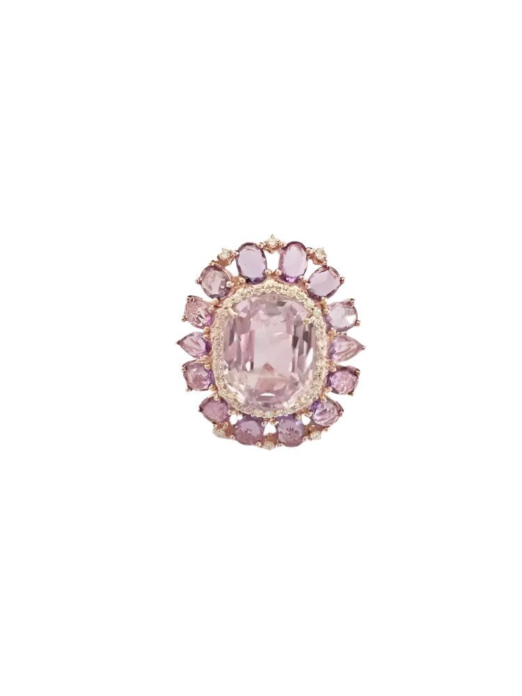 Natural Kunzite & Pink Sapphire Cocktail Wedding Ring - 18k Rose Gold Diamond Statement Ring
