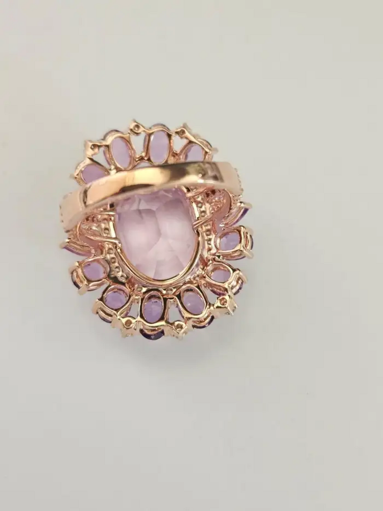Natural Kunzite & Pink Sapphire Cocktail Wedding Ring - 18k Rose Gold Diamond Statement Ring