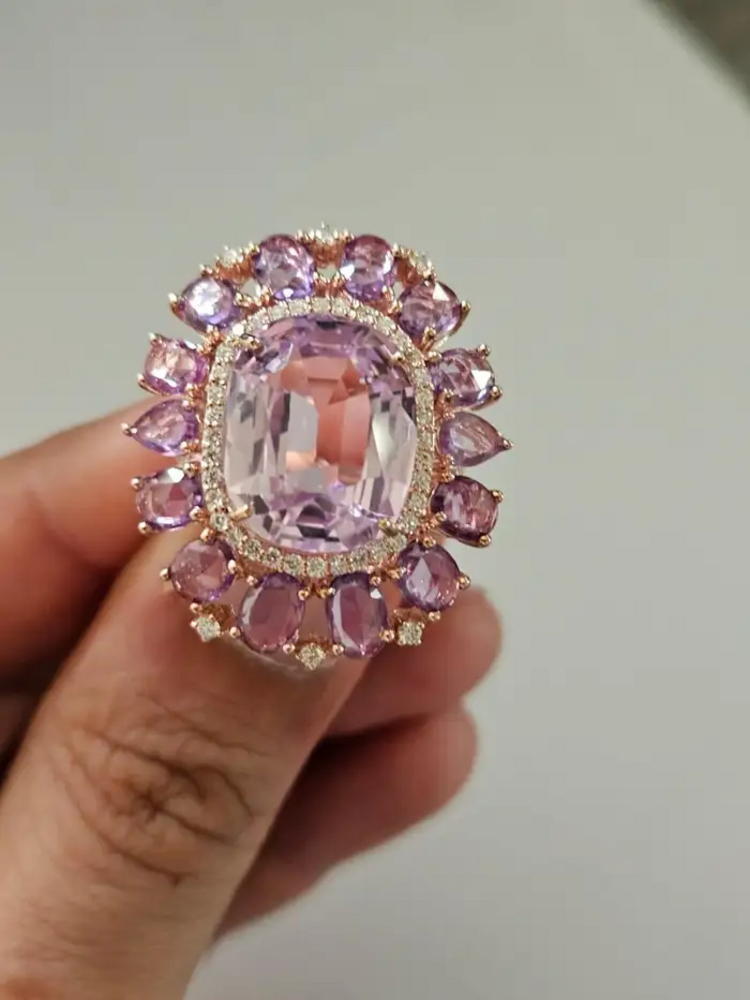 Natural Kunzite & Pink Sapphire Cocktail Wedding Ring - 18k Rose Gold Diamond Statement Ring