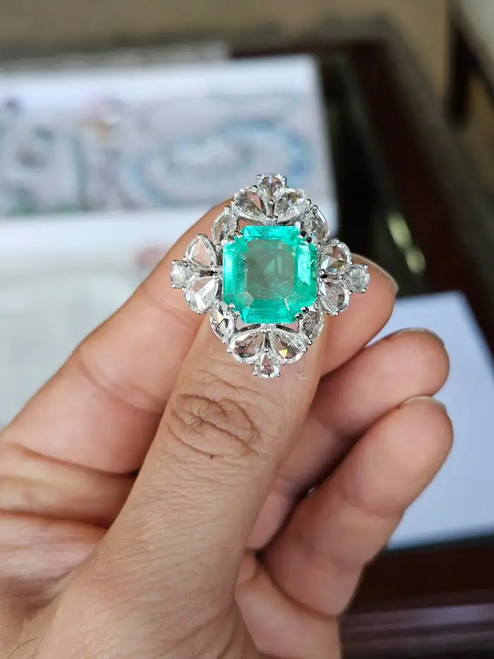 9.22 Ct. Colombian Emerald Engagement Ring - Natural Rose Cut Diamond Wedding Ring