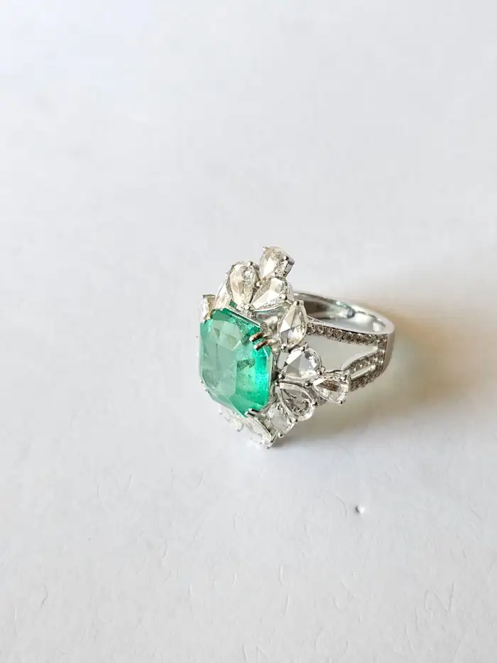 9.22 Ct. Colombian Emerald Engagement Ring - Natural Rose Cut Diamond Wedding Ring