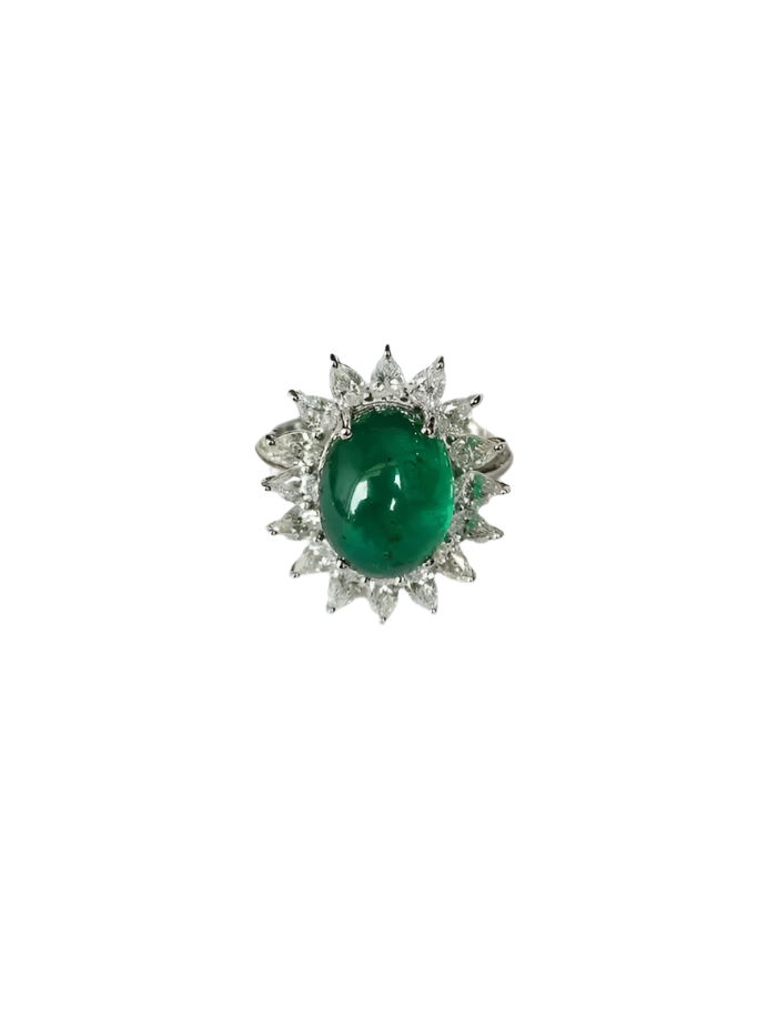 18k White Gold Handmade Diamond Ring - Natural Zambian Emerald Cocktail Ring