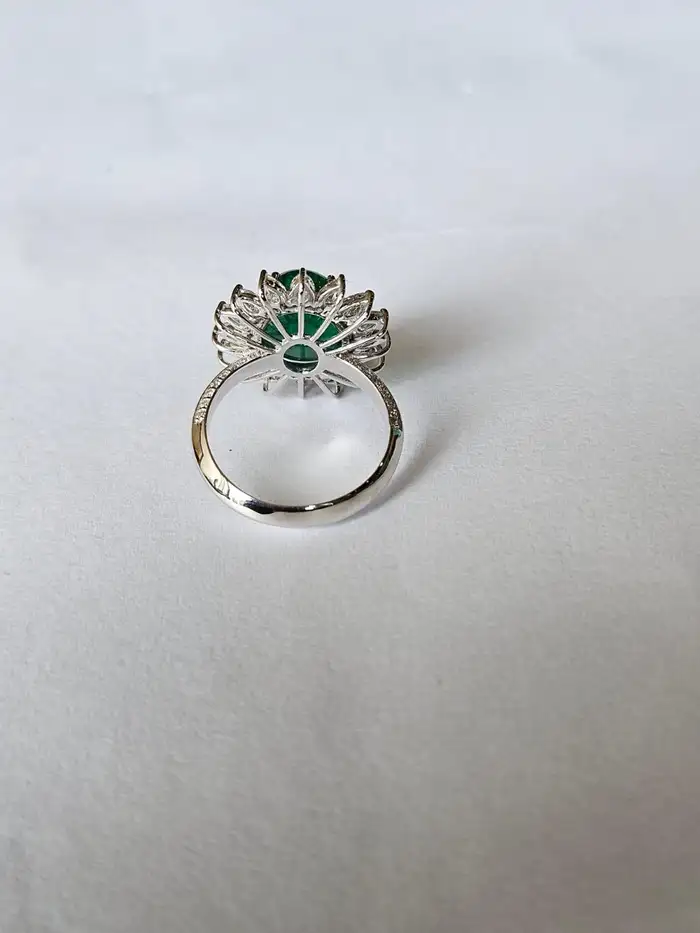 18k White Gold Handmade Diamond Ring - Natural Zambian Emerald Cocktail Ring