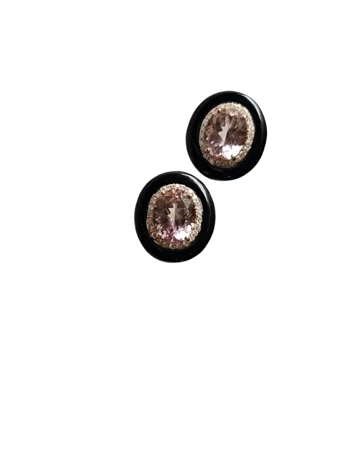 18k Rose Gold Diamond & Morganite Gemstone Stud Earrings - Black Onyx Earrings