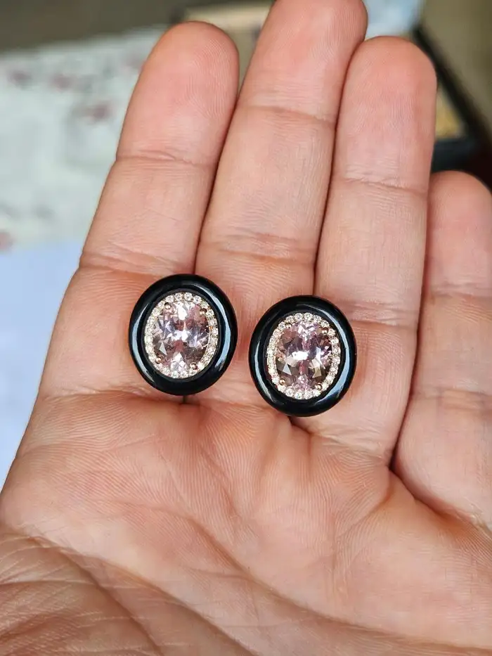 18k Rose Gold Diamond & Morganite Gemstone Stud Earrings - Black Onyx Earrings