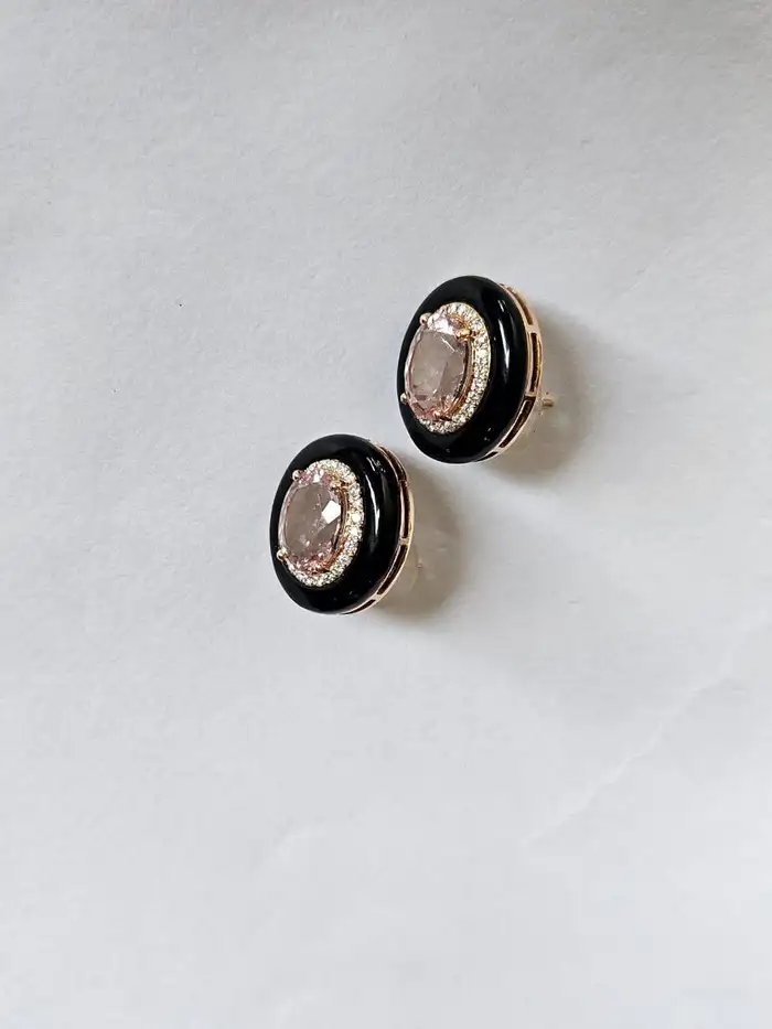 18k Rose Gold Diamond & Morganite Gemstone Stud Earrings - Black Onyx Earrings