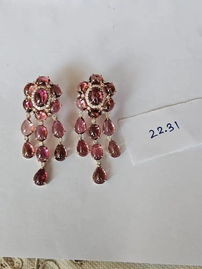 39.21 Ct. Cabochon Tourmaline Gemstone Dangle Earrings - 18k Rose Gold Diamond Wedding Earrings